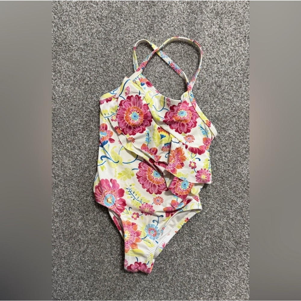 Garnet Hill Girls Size 4 Swimsuit – Floral Halter One-Piece with Ruffle Trim